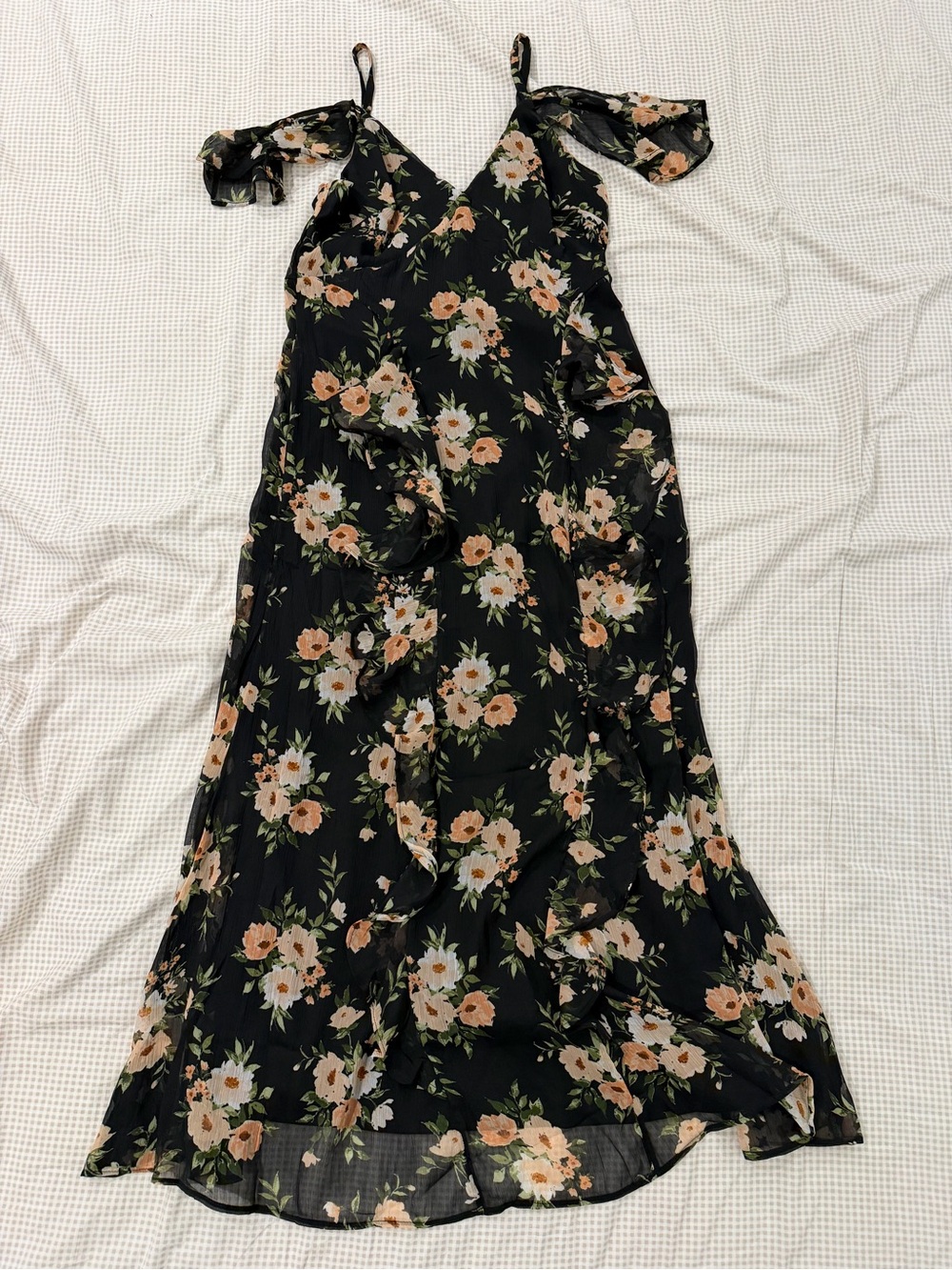 Old Navy Black Maxi Dress with Peach and Cream Floral Print